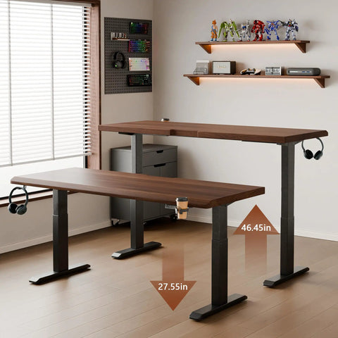 Rock Solid Electric Standing Desk Crafted From Genuine Solid Rubberwood Desktop With Quick Motorized Height Adjustment For Comfortable Home Office Computer Workstation with adjustable heights.