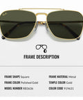 RB3636 Square Frame Non Polarized Sunglasses For Men And Women With Green Lens Includes Official Eyewear Kit Ideal For Formal And Casual Wear Durable Lightweight Frame Built For Daylong Comfort And UV Protection For Work Travel And Weekend Vibes, showing polished gold metal frames with green lenses.
