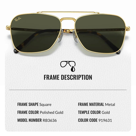 RB3636 Square Frame Non Polarized Sunglasses For Men And Women With Green Lens Includes Official Eyewear Kit Ideal For Formal And Casual Wear Durable Lightweight Frame Built For Daylong Comfort And UV Protection For Work Travel And Weekend Vibes, showing polished gold metal frames with green lenses.