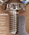 Close-up of Beefy Industrial Grade M8 Stainless Steel Lifting Eyebolts thread specification, with measurements and material detail.