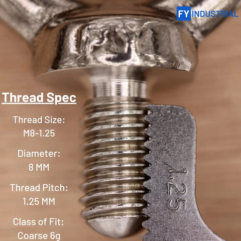 Close-up of Beefy Industrial Grade M8 Stainless Steel Lifting Eyebolts thread specification, with measurements and material detail.