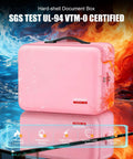 Pink hard-shell fireproof document box with lock and UL-94 VTM-0 certification on graphic background.