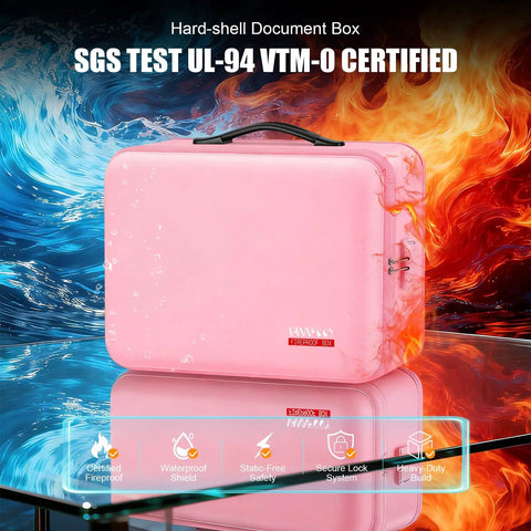 Pink hard-shell fireproof document box with lock and UL-94 VTM-0 certification on graphic background.
