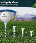 Premium Pro Grade Plastic Golf Tees 100 And 50 Pack With One And A Half Inch And Three And A Quarter Inch Lengths displayed on grass