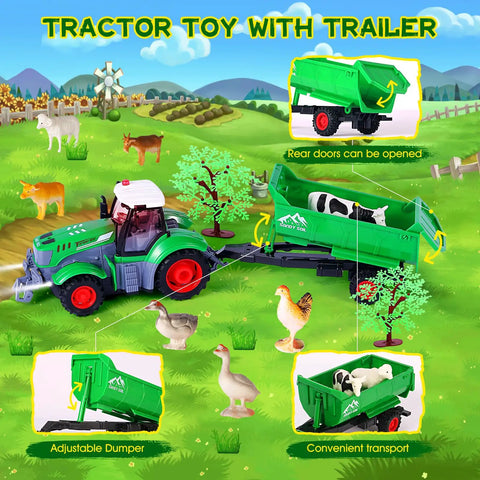 Epic Remote Control Tractor Toy Set With Trailer And Light Up Farm Vehicle Includes 10 Realistic Farm Animals Fences Trees