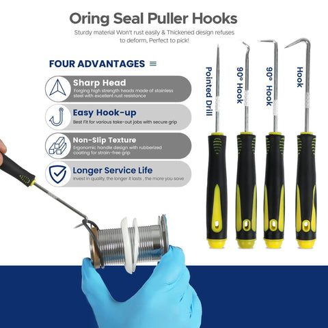 Ultimate O Ring Kit With 1560 Pcs Across 32 Sizes Nitrile Rubber Assortment Plus 4 Hook Set shown with tools in use.