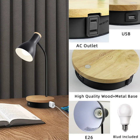 Metal Desk Lamp With Dope Wireless Charging Pad And USB Port 3 Way Dimmable Arc Bedside Light Touch Control Reading Lamp