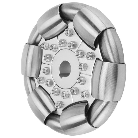 Front view of a 100mm stainless steel omni wheel with segmented rollers and bolt hub