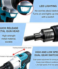 Automatic Cordless Rivet Nut Gun Battery Powered Electric Fastener Tool showing LED light, quick release metal gun head, and dual gear switch.