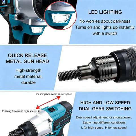 Close-up of Automatic Cordless Electric Rivet Nut Gun, showcasing LED lighting, metal gun head, and dual gear switching features.
