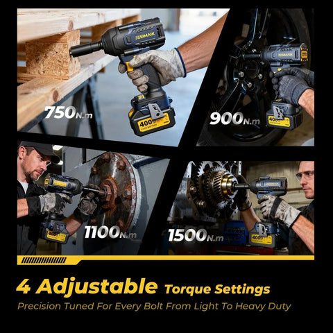 Heavy Duty Cordless Impact Wrench Beast Mode Power With 1106 Ft Lbs Torque Brushless Half Inch Drive 3500 RPM 21V With Dual 4Ah Batteries 4 Modes 5 Sockets For Truck RV And Heavy Construction, 4 torque settings
