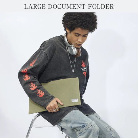 Heavy Duty Canvas Document Holder And Large File Folder Organizer Pouch For Legal And Letter Size Papers With Secure Zipper Closure, army green pouch held by a person.