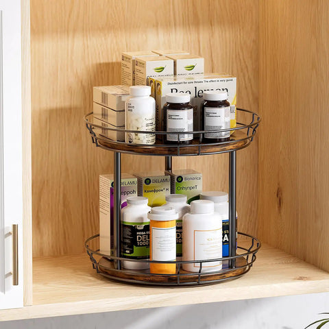 10 Inch Lazy Susan Turntable Organizer 2 Tier Round Rotating Spice Rack with wood base and black metal frame in kitchen cabinet.