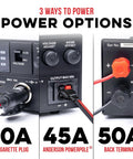 Image showing Beefy 50A Regulated Bench Power Supply With AC-DC Conversion featuring power options: cigarette plug, Anderson Powerpole, and back terminal.