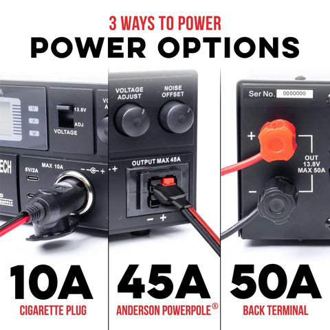 Image showing Beefy 50A Regulated Bench Power Supply With AC-DC Conversion featuring power options: cigarette plug, Anderson Powerpole, and back terminal.