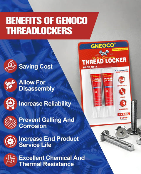 2 Pack Red Thread Locker High Strength 6ml Each For Nuts Bolts And Metal Fasteners Anaerobic Cure in packaging with screws.