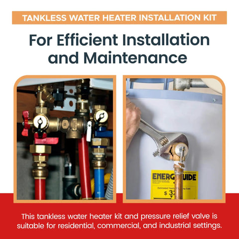 Tankless Water Heater Isolation Valve Kit Three Quarter Inch with pressure relief showcased in installation setup.