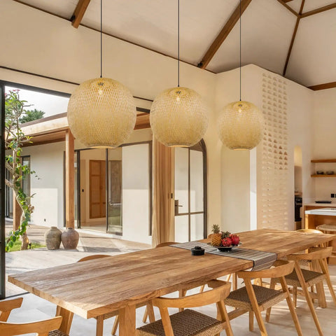 Boho Bamboo Pendant Light With Round Wicker Basket Shade Handwoven Ceiling Lamp For Kitchen Island And Living Room