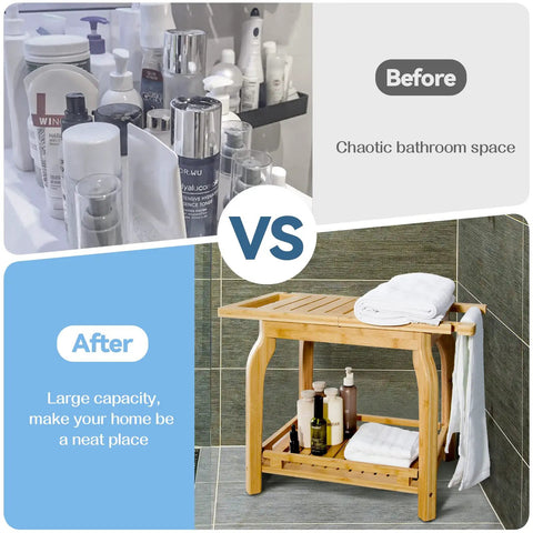 Before and after comparison with a Two Tier Bamboo Shower Bench For In Shower Use 25 Inch Waterproof Bath Stool With Storage Shelf No Slip Feet Safe And Stable For Seniors Adults Disabled Women Shaving Legs In The Shower, showing organized bathroom.