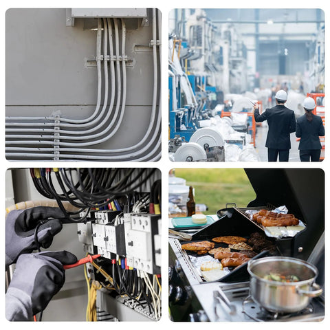 Front: bundle of gray electrical cables; Side: factory workers in hard hats; Close-up: wiring panel; Installed: grill with meats.