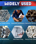 Image showing various applications of blue and red high-strength thread locker for metal thread locking, automotive and mechanical maintenance.