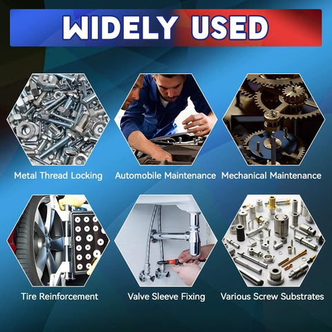 Image showing various applications of blue and red high-strength thread locker for metal thread locking, automotive and mechanical maintenance.