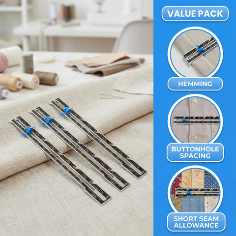 Three Pack Stainless Steel Sliding Gauge Sewing Ruler Pro Grade Handy Tool For Quilting Knitting And Crafting Projects Delivering Quick Precise Measurements And Seam Allowances. Three aluminum sliding gauges on fabric for hemming and seam allowance.