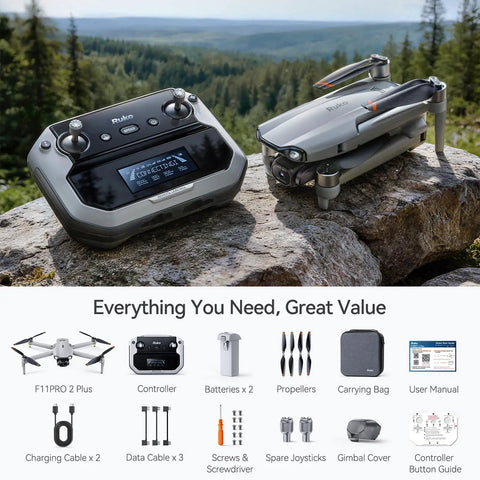 Pro Grade Drone With 48MP 8K Photo Sensor, controller, and accessories on outdoor rock surface