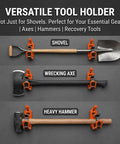 Beefy Heavy Duty Quick Release Shovel Mount For Truck Bed And Roof Rack holds shovel, axe, and hammer with orange clamps.