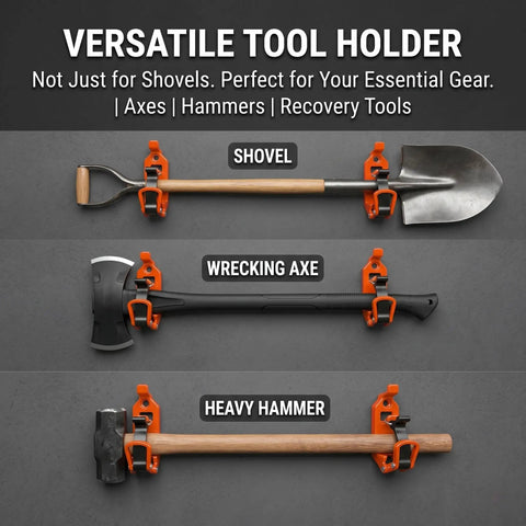 Beefy Heavy Duty Quick Release Shovel Mount For Truck Bed And Roof Rack holds shovel, axe, and hammer with orange clamps.