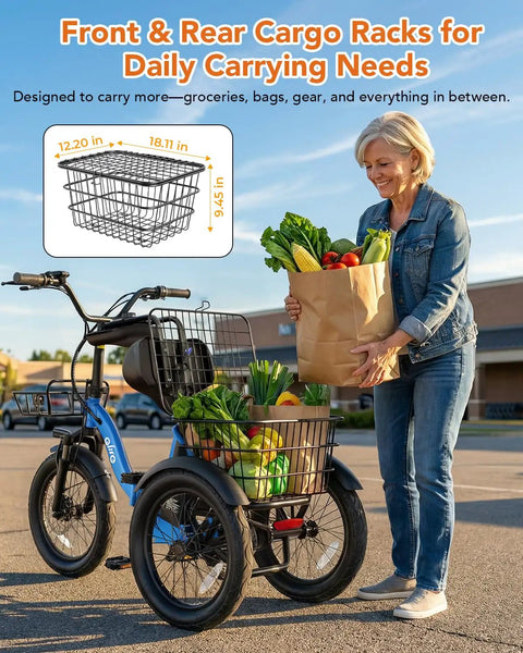 Beast 1200W Folding Electric Trike For Adults With Removable 48V 10.4Ah Battery, 3 Wheel E Bike With 20 Inch Tires, high power brushless motor, front and rear cargo racks with groceries