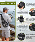 Person using Large Capacity Fishing Backpack With Three Carrying Options Backpack Sling Or Chest Use Waterproof 900D Oxford Fabric Tear And Wear Resistant For Outdoor Fishing Travel Hiking And Hunting 8 By 5.5 By 11 Inches Pythonskin Black.