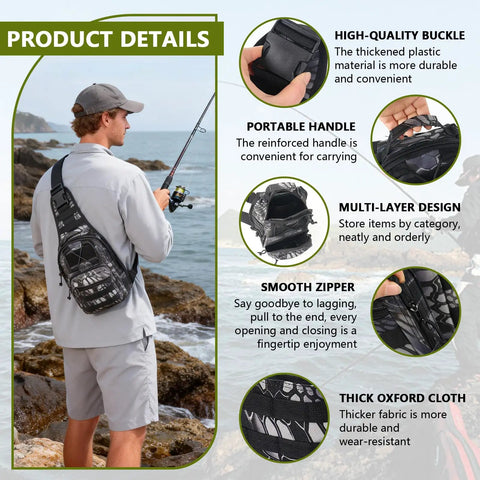 Person using Large Capacity Fishing Backpack With Three Carrying Options Backpack Sling Or Chest Use Waterproof 900D Oxford Fabric Tear And Wear Resistant For Outdoor Fishing Travel Hiking And Hunting 8 By 5.5 By 11 Inches Pythonskin Black.