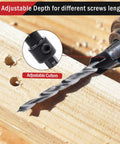 Adjustable Three Piece Countersink Drill Bit Set With Precision Depth Stop Collars And Secure Hex Shank for flawless pilot holes in wood. Close-up of adjustable depth mechanism.