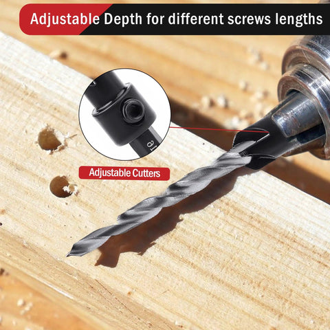 Adjustable Three Piece Countersink Drill Bit Set With Precision Depth Stop Collars And Secure Hex Shank for flawless pilot holes in wood. Close-up of adjustable depth mechanism.