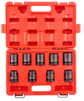 Open red case of Three Quarters Inch Drive SAE 12 Point Impact Socket Set 9 Piece Chrome Molybdenum Steel Beefy High Torque Tools