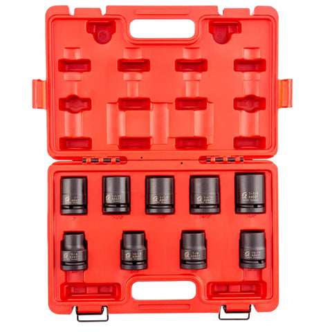 Open red case of Three Quarters Inch Drive SAE 12 Point Impact Socket Set 9 Piece Chrome Molybdenum Steel Beefy High Torque Tools