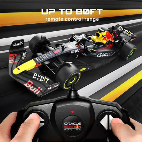 Licensed Red Bull F1 RB18 One Eighteen Scale Remote Control Car With Realistic Detail shown with remote controller in use