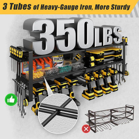 Power Tool Organizer Wall Mount Heavy Duty 350 Lbs Garage Storage Rack With Six Cordless Drill Holders 3 Tier 32 Inch Wide