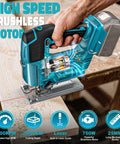 Cordless jig saw compatible with Makita 18V battery, with laser guide and LED light in blue housing.