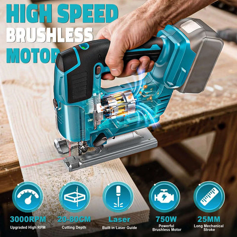 Cordless jig saw compatible with Makita 18V battery, with laser guide and LED light in blue housing.
