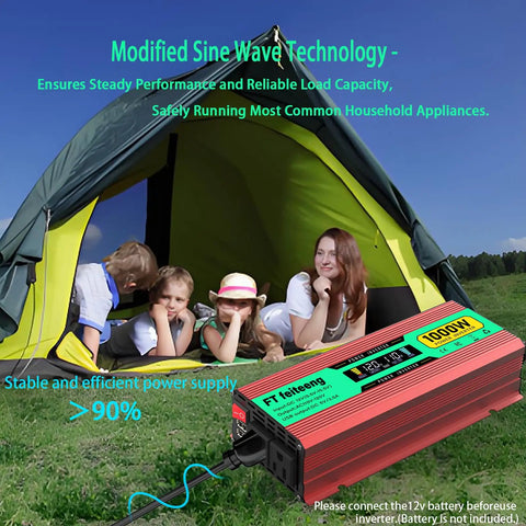 1000 Watt Power Inverter 12V Dc To 120V Ac Converter For Cars Trucks Rvs Camper Vans near a family camping, showing dual AC sockets.