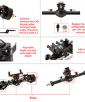 Diagram of Isokinetic 3-Section CVD Front Axles for 1/24 RC Crawlers with annotations on features like 52° steering and brass details.
