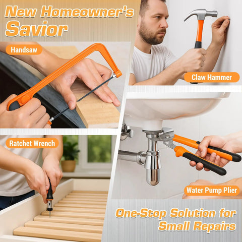 Image showing a handsaw, claw hammer, ratchet wrench, and water pump plier from a 160 Piece Home And Car Tool Set With Tool Box.