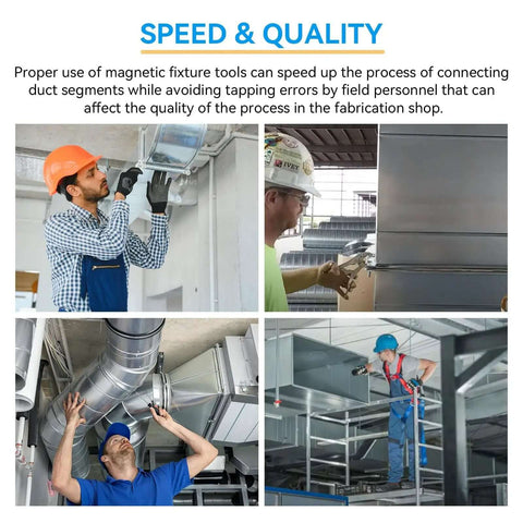 HVAC professionals using 4 Inch Clip Cleat Tool For HVAC Ductwork Quick Install In Tight Spaces in factory setting
