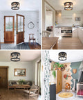 Industrial Three Light Farmhouse Ceiling Fixture With Rope Shade In Rustic Black Metal in various room setups
