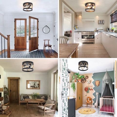 Industrial Three Light Farmhouse Ceiling Fixture With Rope Shade In Rustic Black Metal in various room setups