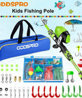 All In One Kid Friendly Fishing Rod And Reel Set with tackle box, lures, and portable bag on display