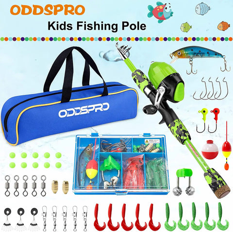 All In One Kid Friendly Fishing Rod And Reel Set with tackle box, lures, and portable bag on display