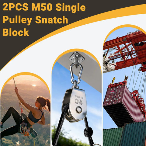 2PCS M50 Single Pulley Snatch Block, 304 stainless steel, used for rope lifting and rigging on crane and cable jobs